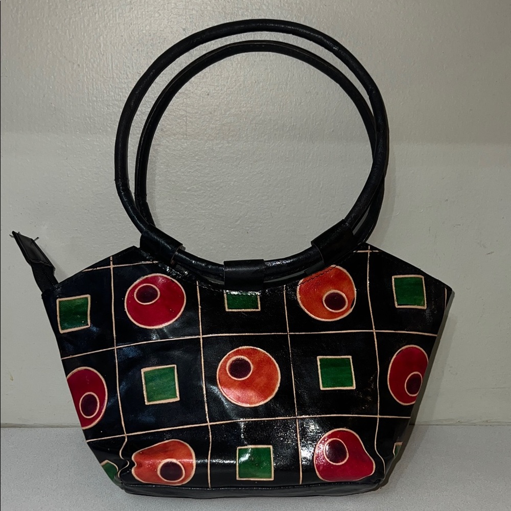 Geometric Patterned Black Handbag from India leather